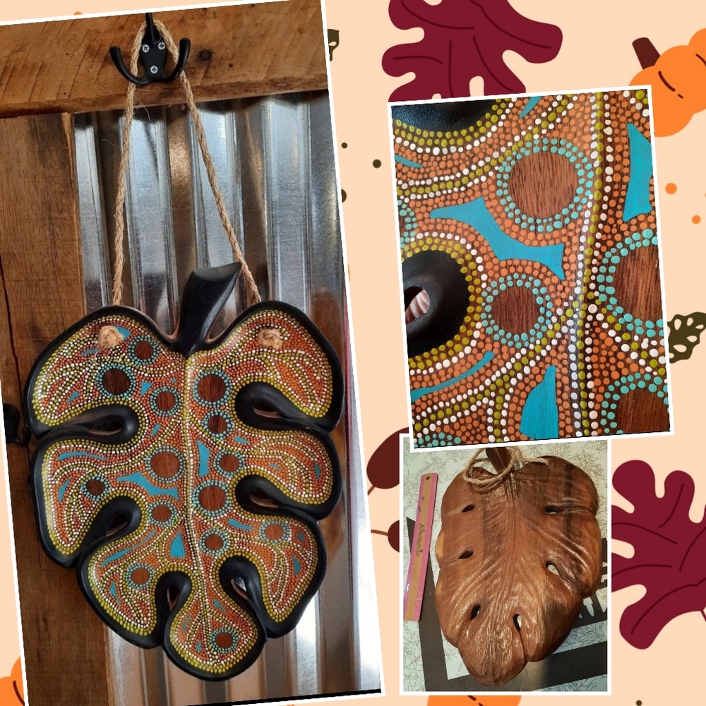 Upcycled vtg wood Leaf dot art handpainted